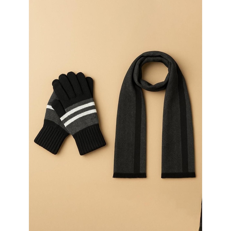 LOOM LEGACY Men Striped Acrylic Winter Gloves With Muffler