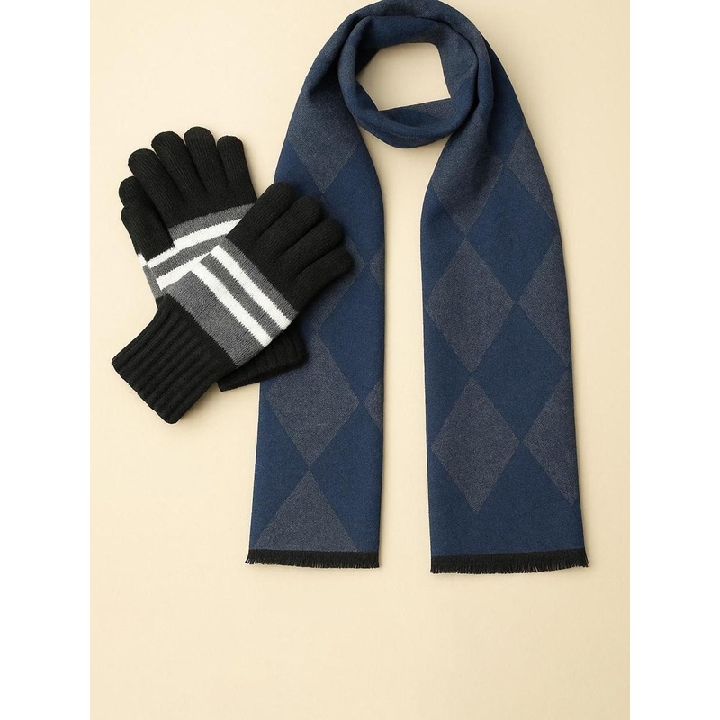 LOOM LEGACY Men Striped Woollen Gloves with Muffler