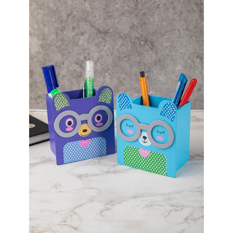 MARKET99 Set of 2 Blue & Purple Animal Design Wooden Pen Stand
