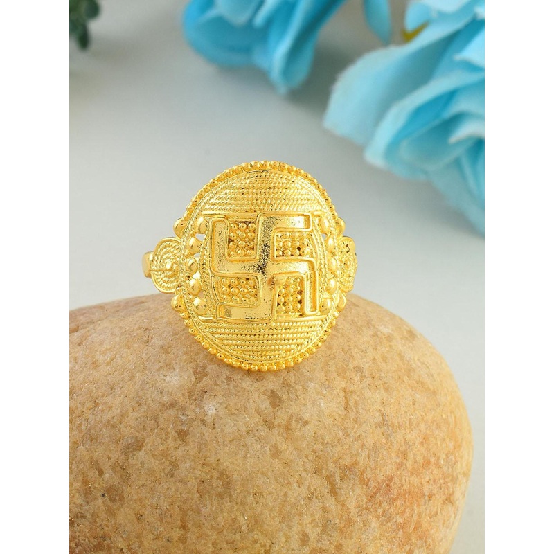 MEMOIR Gold-Plated Textured Swastik Finger Ring