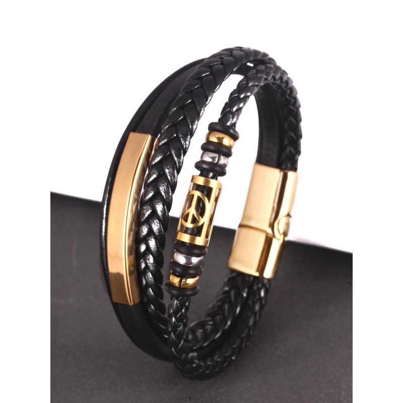 The Roadster Lifestyle Co. Men Gold Plated Stainless Steel Multistrand Leather Bracelet