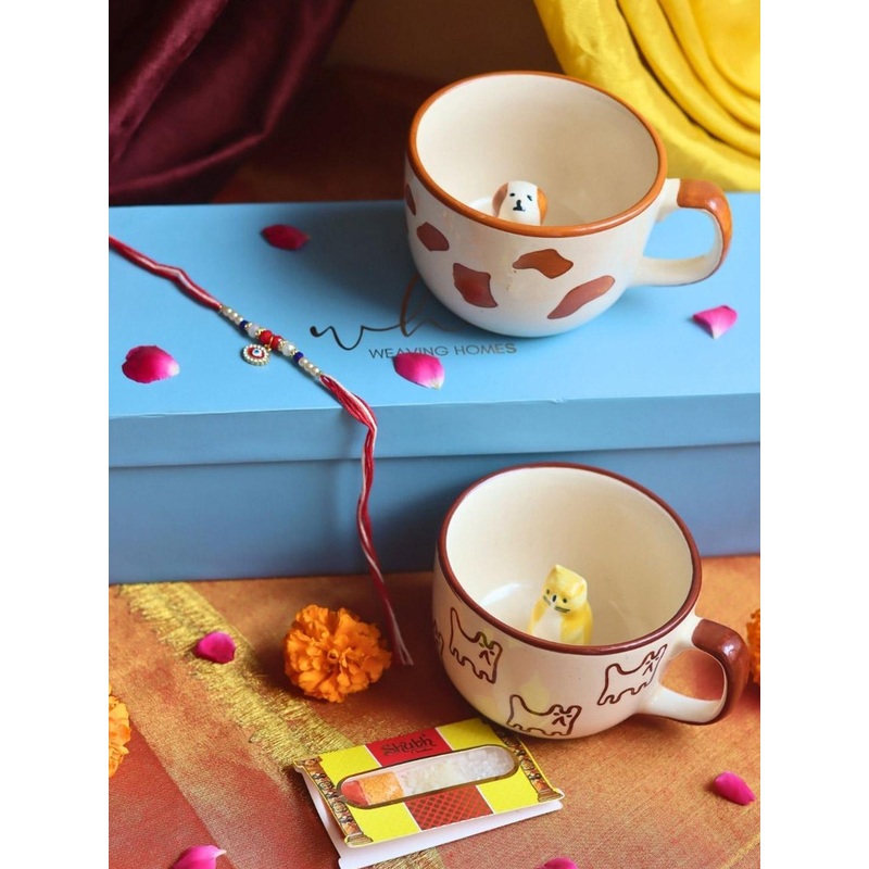 WEAVING HOMES Stone Studded & Beaded Thread Rakhi With 2 Pieces Dog & OG Mugs
