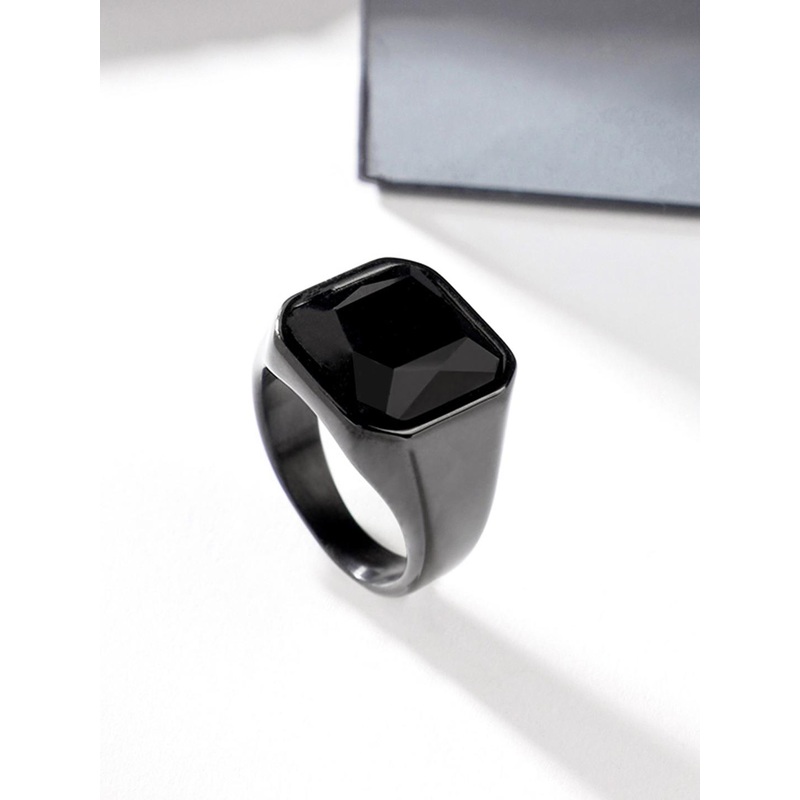 Yellow Chimes Men Rhodium-Plated Stone Studded Square Shaped Steel Finger Ring