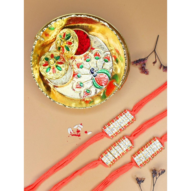 Anouk Set Of 3 Stones Studded Thread Rakhis With Card & Pooja Thali