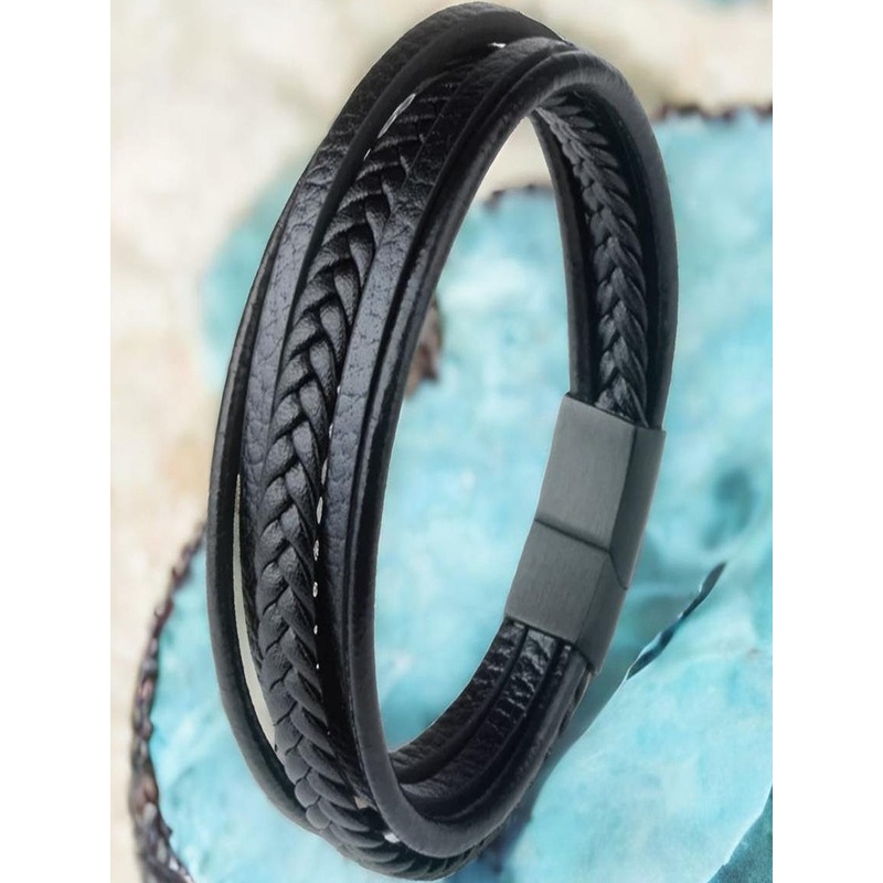 Black Braided Magnetic Clasp Leather Bracelet For Men