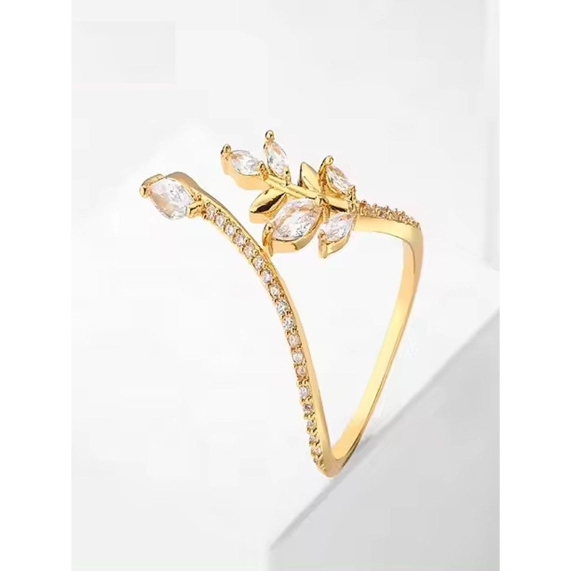 Lila Gold-Plated Cubic Zirconia Crystal Lovely Leaf Shape Open Rings
