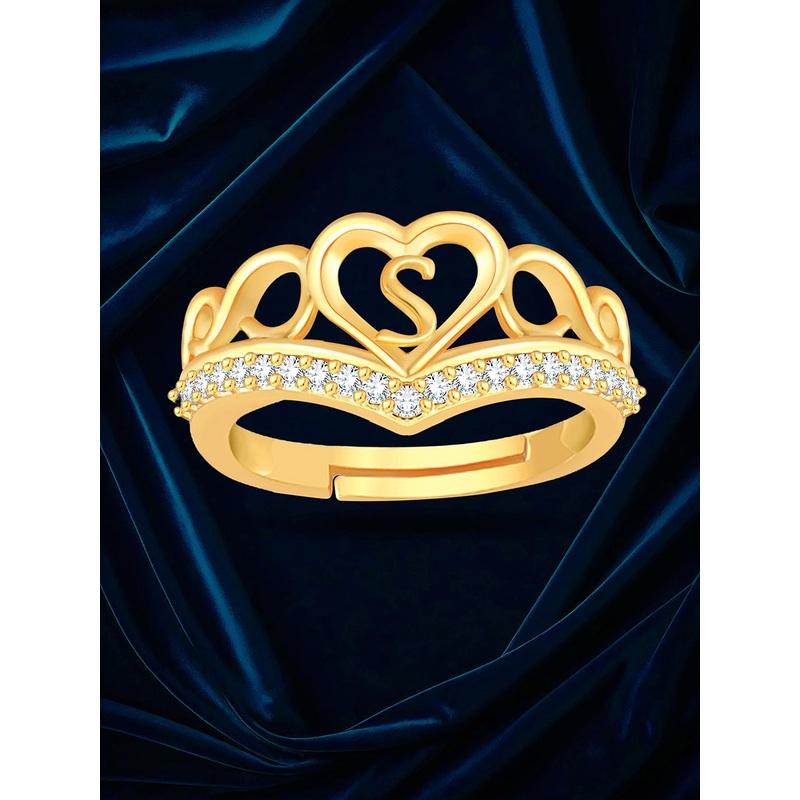 Lila Unisex Gold-Plated Cubic Zirconia Stone Studded Alphabet S Adjustable Finger Ring