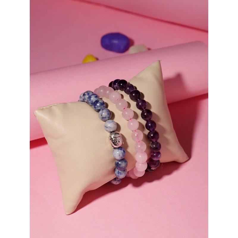 TAG 7 Set Of 3 Natural Stone Amethyst Elasticated Slip-On Bracelet