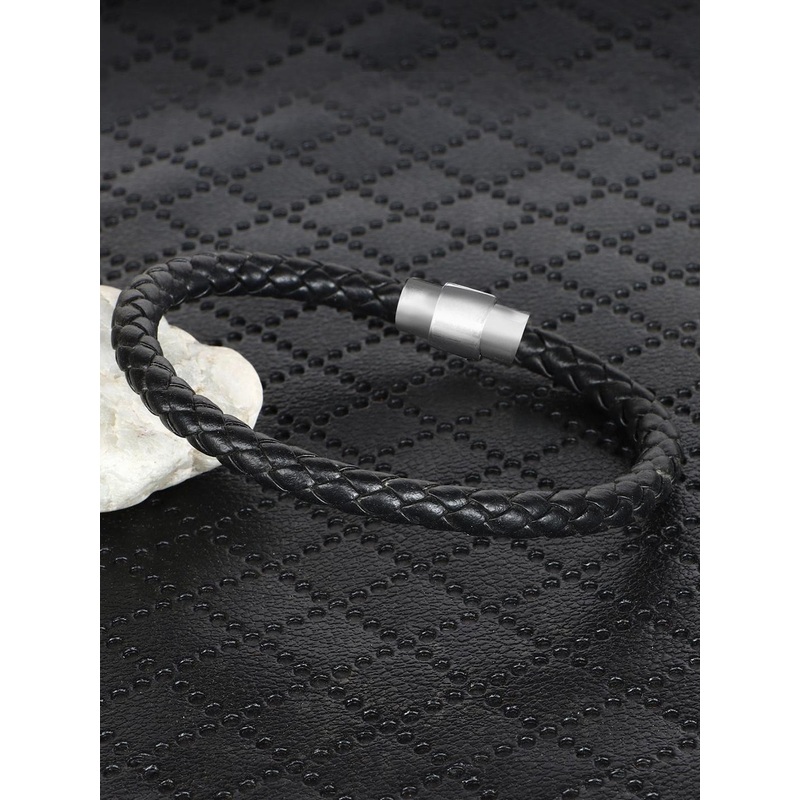 The Roadster Lifestyle Co. Men Black Leather Textured Wraparound Bracelet