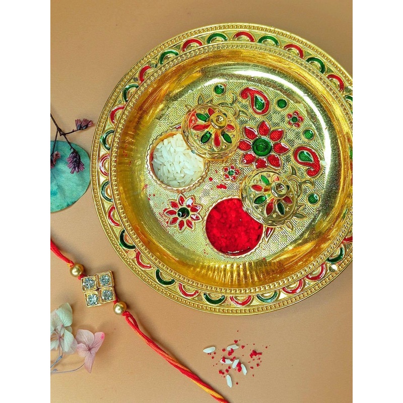 Anouk Americon Diamond Studded And Beaded Thread Rakhis With Card & Pooja Thali