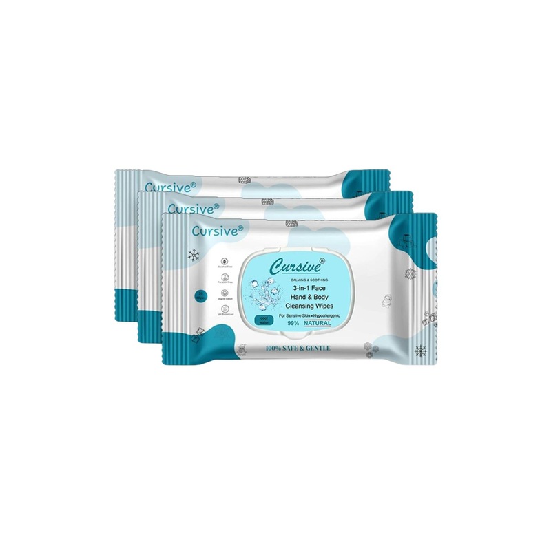 CURSIVE Set Of 3 Refreshing Cool Water 3-In-1 Hand Body & Face Wet Wipes – 25 Pulls Each