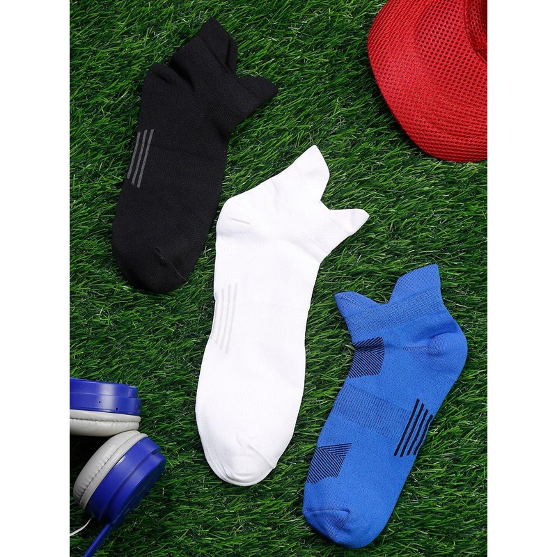 LOUIS STITCH Men Pack of 3 Blue & Black Striped Ankle Length Antimicrobial Socks