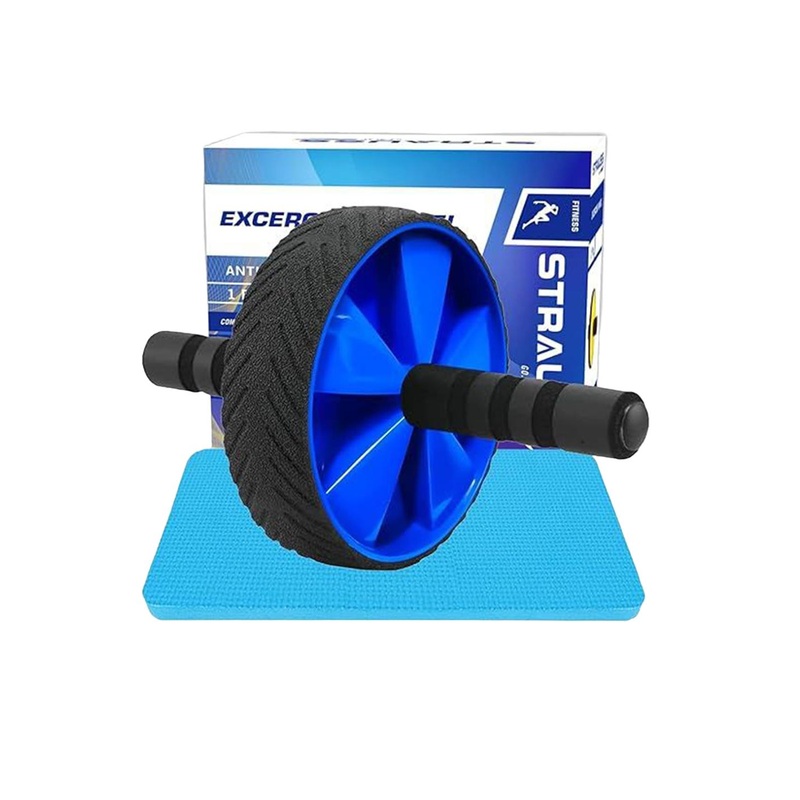 STRAUSS Blue & Black Fitness Roller Wheel Equipment With Knee Mat