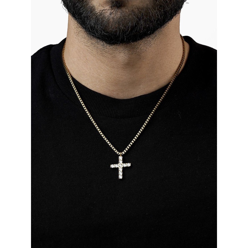 SWASHAA Men Gold-Plated Stainless Steel Diamond-Studded Auron Cross Pendant With Chain