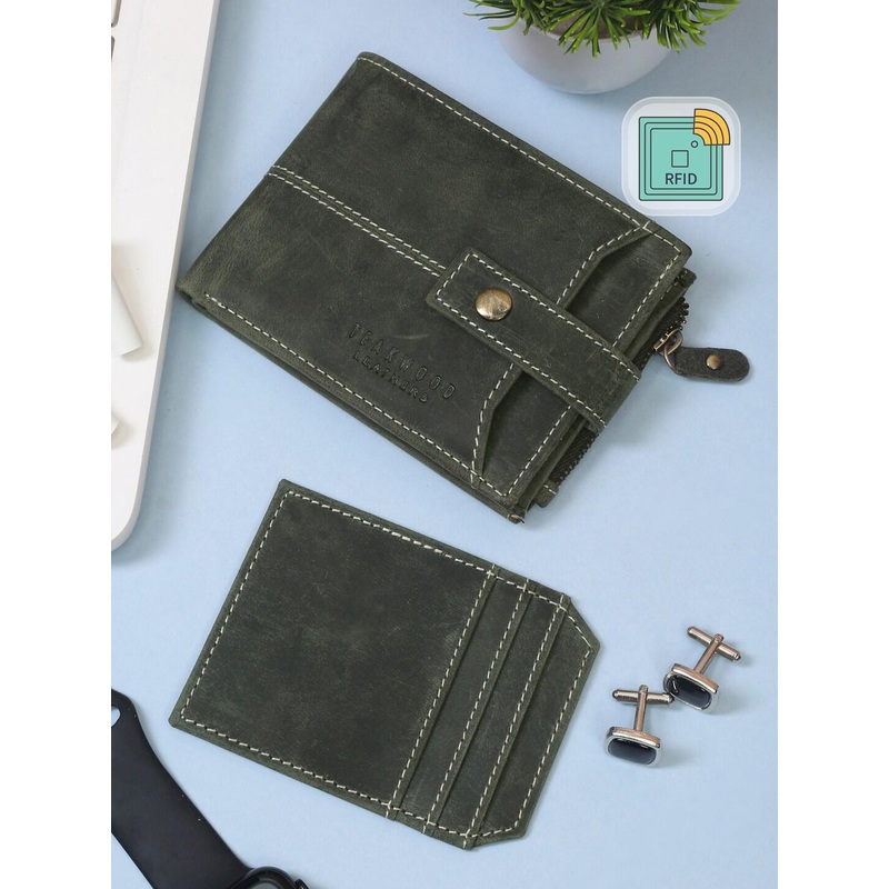 Teakwood Leathers Men Olive Solid Leather RFID Protected Two Fold Wallet