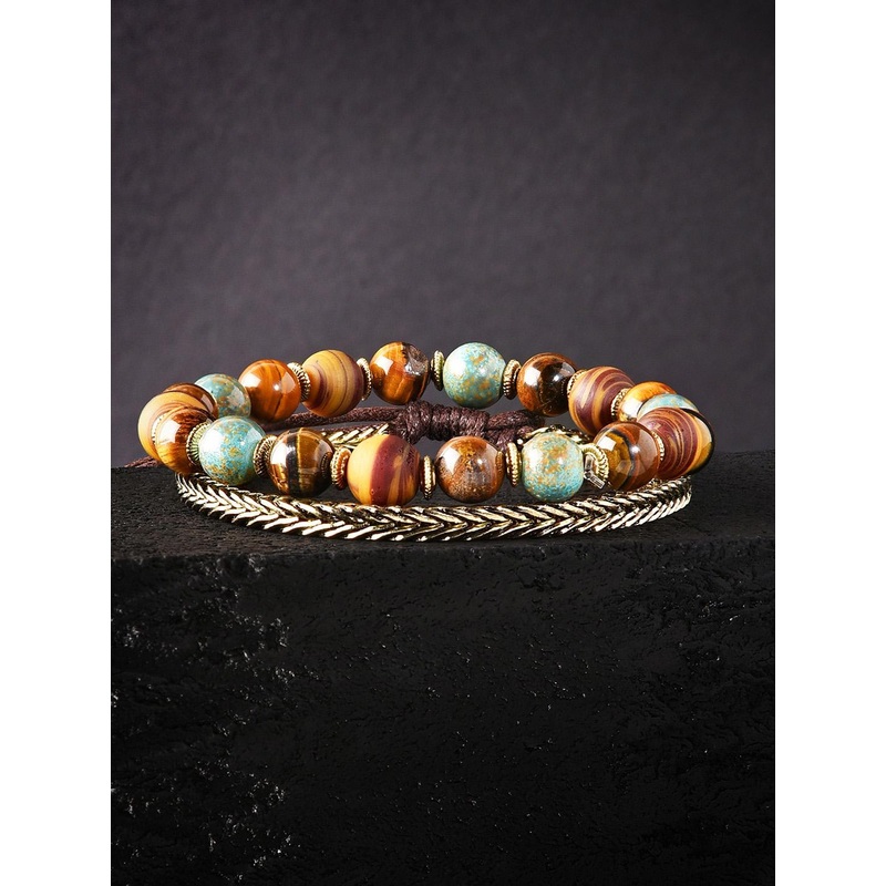 The Bro Code Men Set of 2 Gold-Toned & Brown Tigers Eye Gold-Plated Bracelet