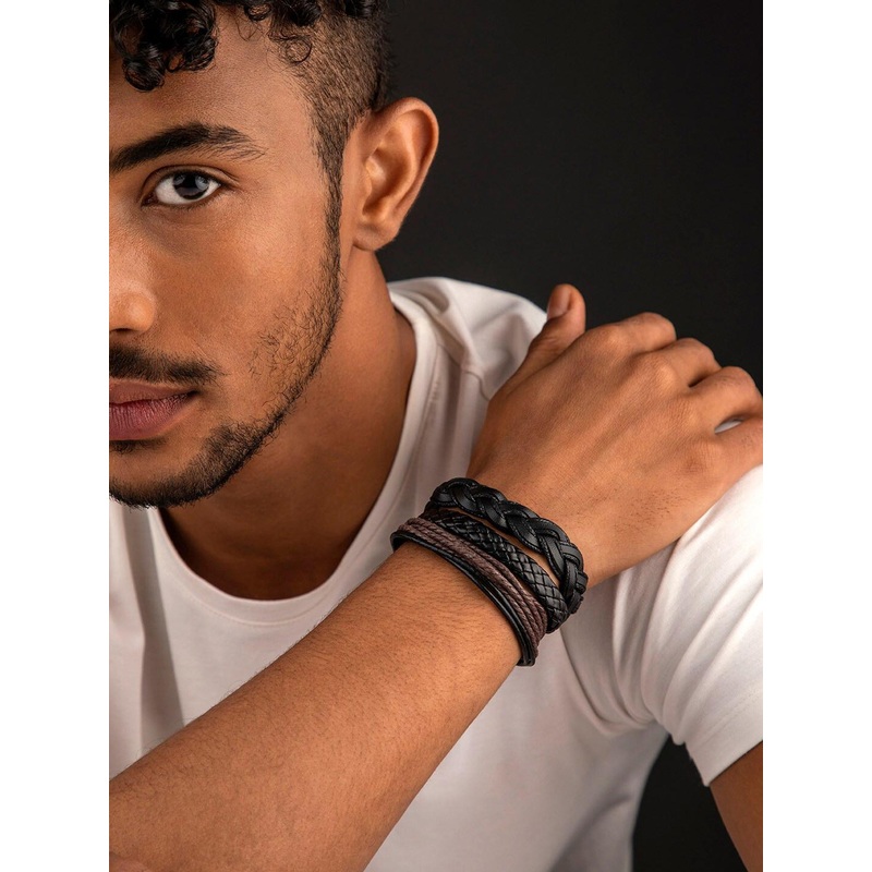The Roadster Lifestyle Co Men Black & Brown Set Of 3 Layered Wraparound Bracelet