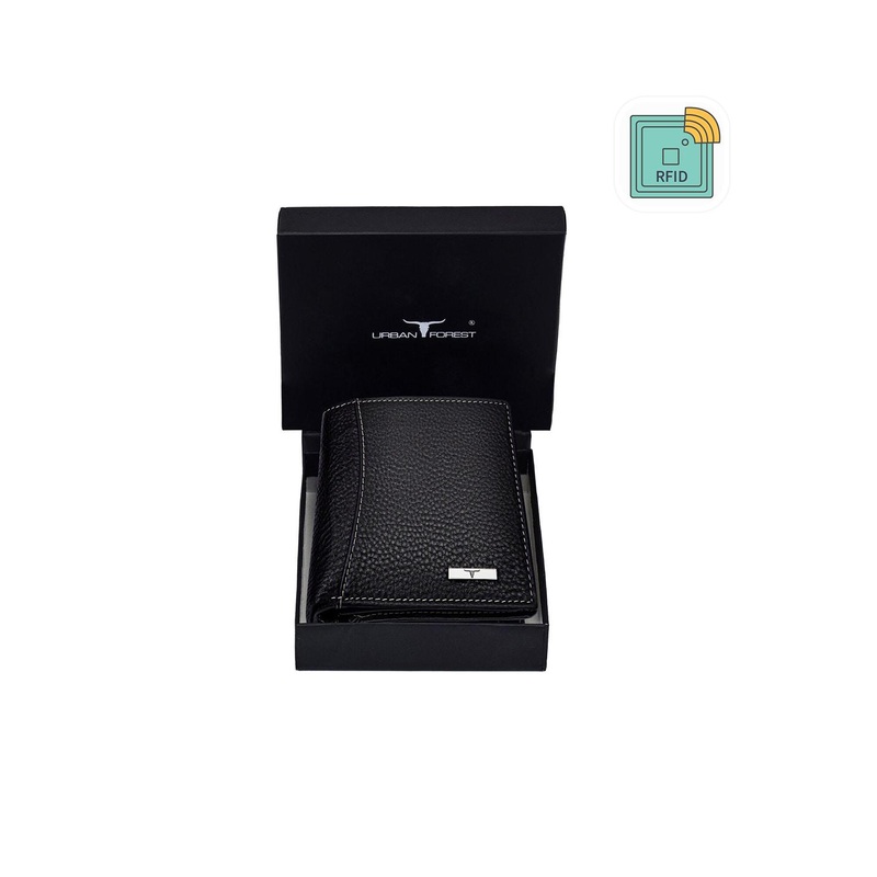 URBAN FOREST Men Black Leather Two Fold Wallet