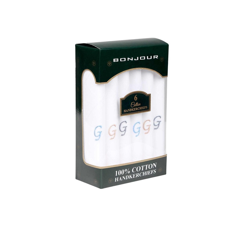 Bonjour Men Pack Of 6 White Solid Handkerchiefs With Initials (G) Gift Set