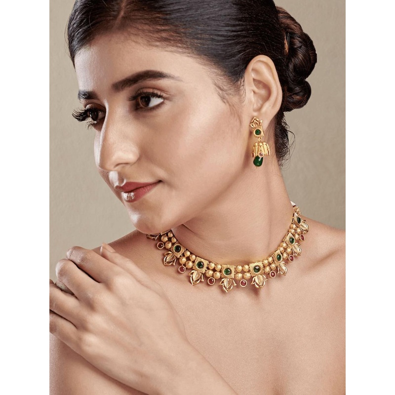 festivjewelleryze Gold Plated Stones Studded & Beaded Jewellery Set