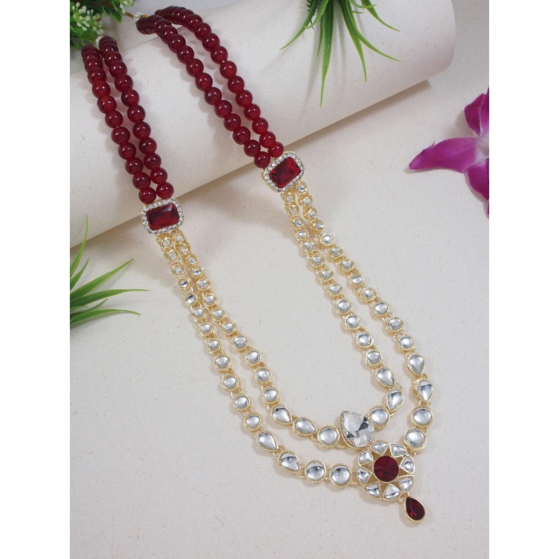 I Jewels Men Gold-Plated Kundan Studded & Beaded Moti Mala Maharaja Two Layered Necklace