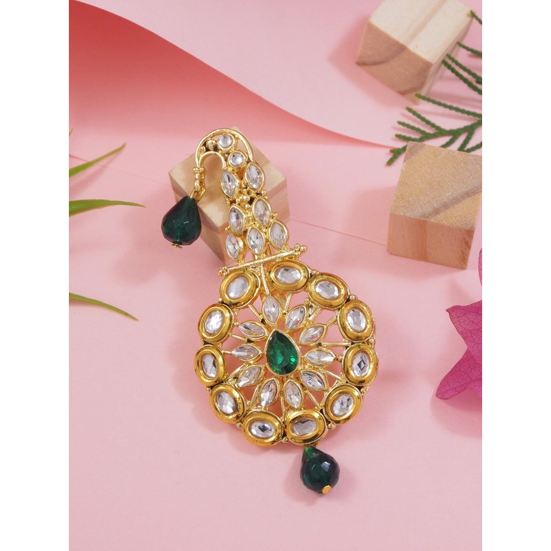 I Jewels Men Green & Gold-Toned Gold Plated Kundan Studded & Beaded Maharaja Pagdi Kalangi