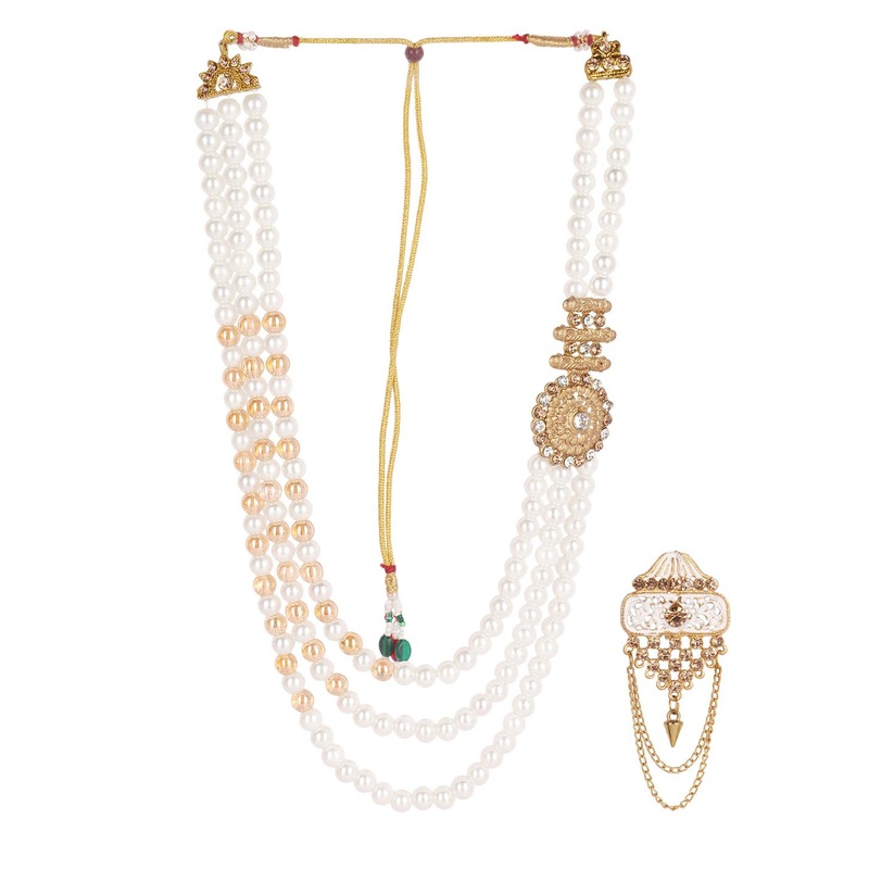 JIYANSHI FASHION Gold-Plated Stone-Studded & Beaded Layered Necklace With Brooch