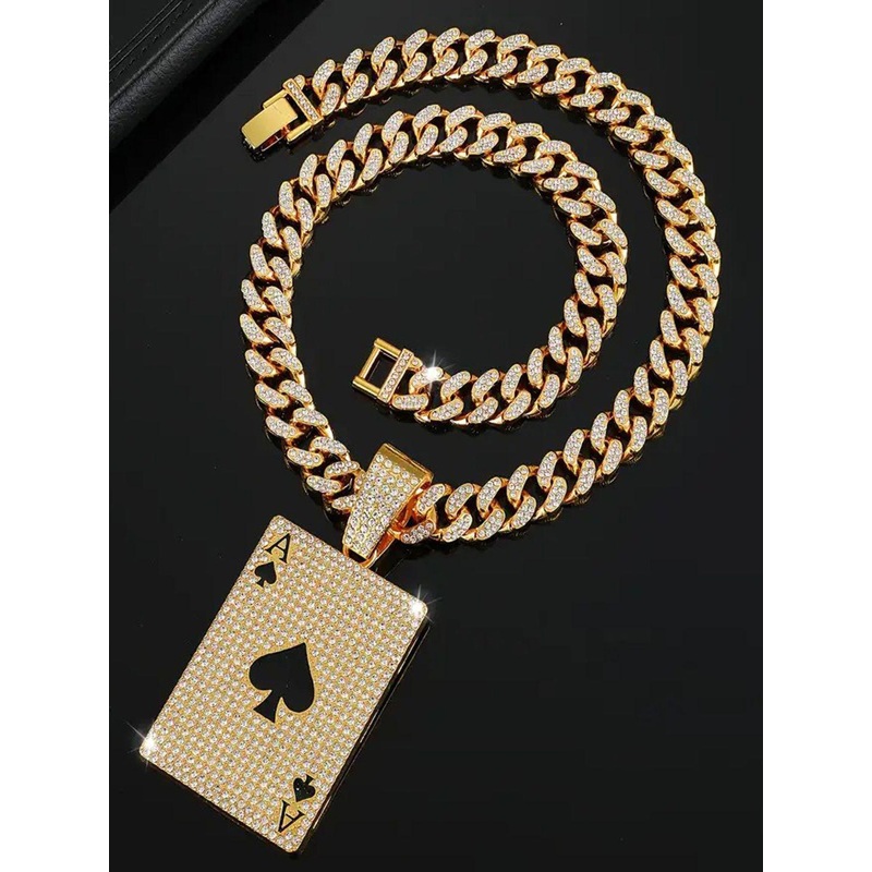 Krelin Men Gold Plated Crystal Studded Hip Hop Playing Card Pendant With Chain