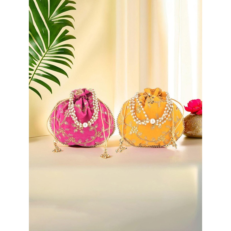 Kuber Industries 2 Pcs Polyester Potli Bags for Women Embroidered Potli Clutch
