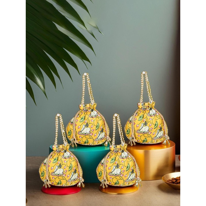 Kuber Industries Unisex Set of 4 Floral Printed Beaded Handle Potli Bags
