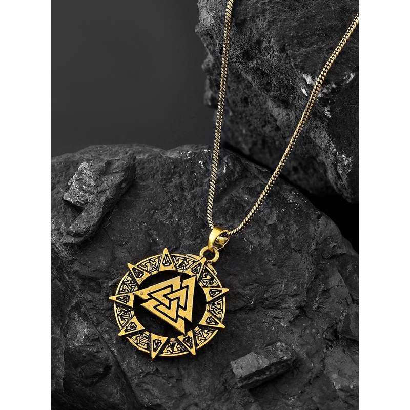 Voylla Men Gold-Plated Statement Valknut Star Quirky Shaped Oxidised Pendant With Chain