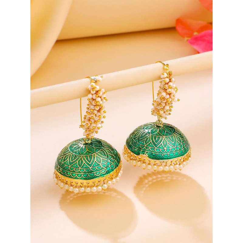 Yellow Chimes Gold-Plated Pearls Beaded Traditional Moti Meenakari Jhumkas