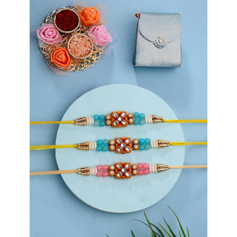 ADIVA Pack Of 3 Kundan-Studded & Beaded Thread Rakhi With Pooja Thali & Roli Chawal Bag
