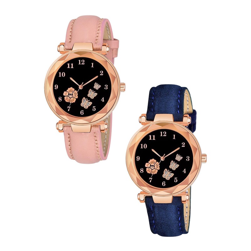 CERO Unisex Pack Of 2 Dial & Leather Straps Multi Function Watch Com2-FBF223-Pink-Blue
