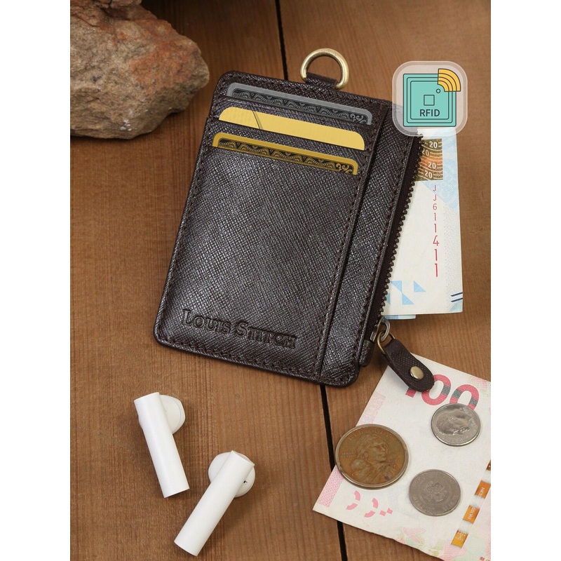 LOUIS STITCH Brown Saffiano Leather Slim ID Card Holder Wallet Purse with Zip Pocket