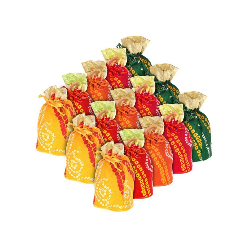 Kuber Industries 15 Pcs Multiuses Bandhej Printed Embroidered Potli Clutch With Drawstring