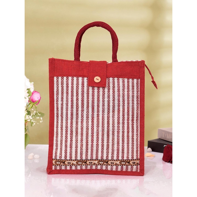 Kuber Industries Pack Of 2 Striped Jute Top Flap-Lining Carry Shopping Bag