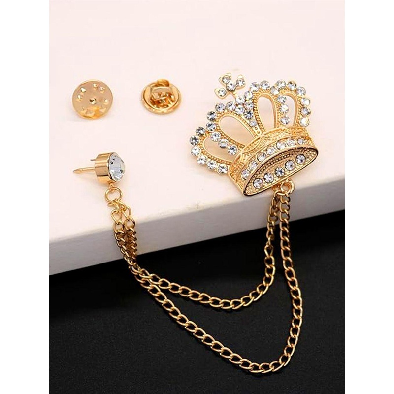 Peora Gold-Plated CZ Studded King’s Crown Pattern Double Chain Pin Brooch