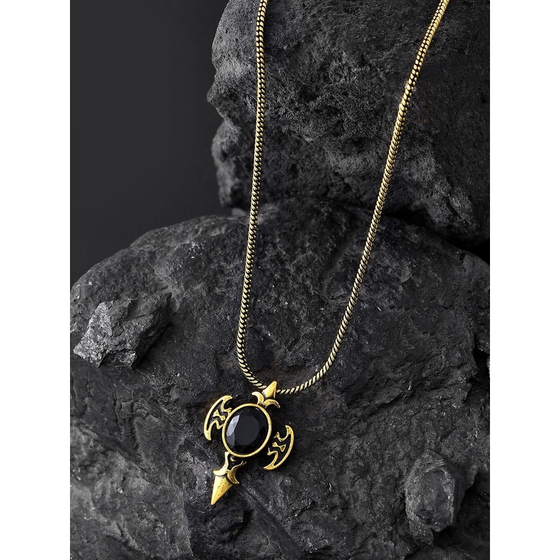Voylla Men Gold-Plated Statement Obsidian Wing Oxidised Stones Studded Pendant With Chain