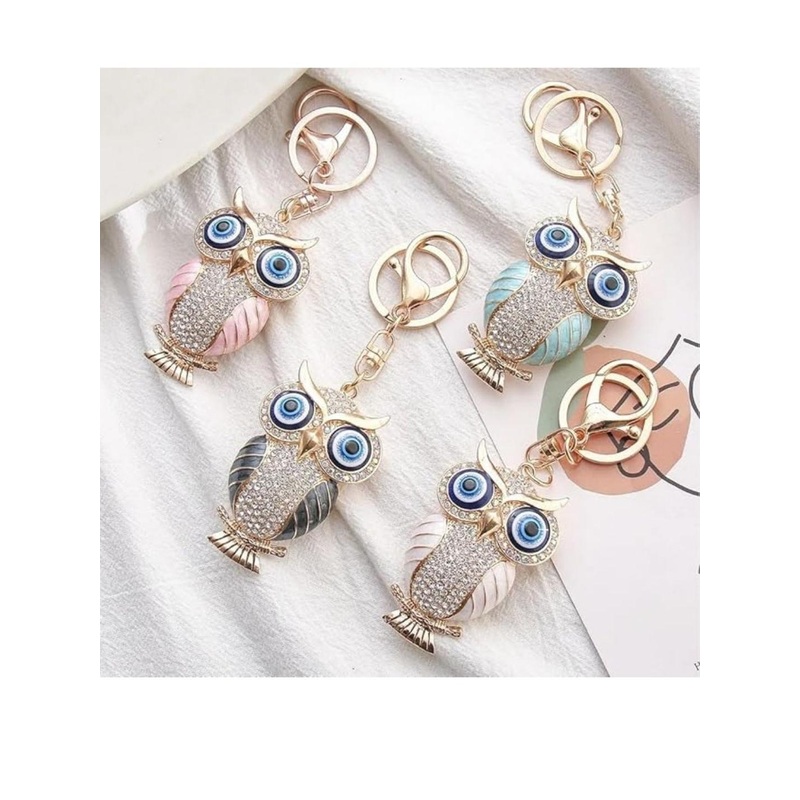 BLUE BEADS Gold with Evil Eye Owl Keychain