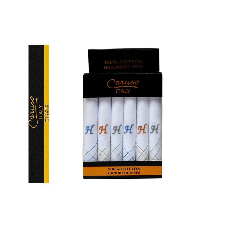 Caruso ITALY Men 6 Pieces White Embroidered Cotton Handkerchief Set