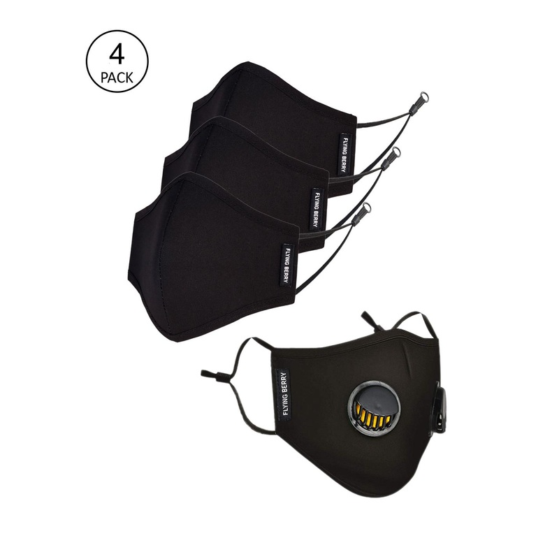 FLYING BERRY Pack Of 4 Black Solid 3-Ply Reusable Anti-Pollution Cotton Cloth Face Masks