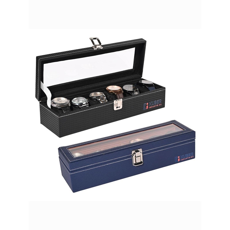 Kuber Industries 2 Pcs  6 Slots Black Faux Leather Men Wrist Watch Organisers watch box