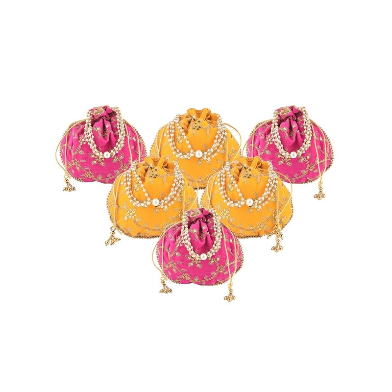 Kuber Industries 6 Pcs Polyester Potli Bags for Women Embroidered Potli Clutch