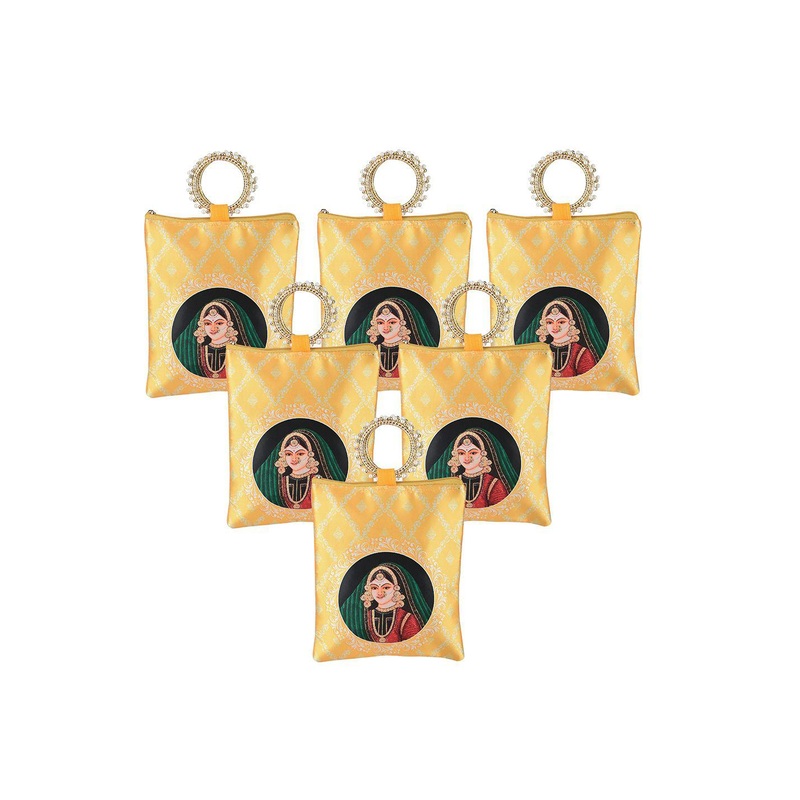 Kuber Industries 6 Pcs Silk Small Women Hand Bag Printed Shopper Tote Bag with Applique