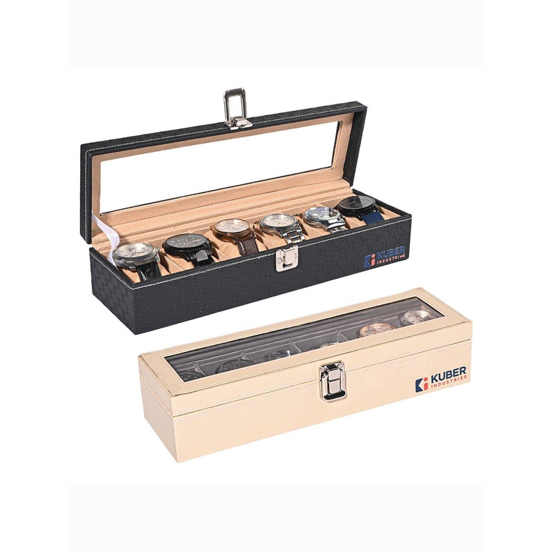 Kuber Industries Men Beige Pack Of 2 Faux Leather 6 Slot Leather Watch Organiser Box