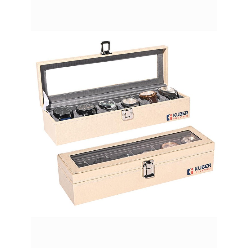Kuber Industries Men Pack Of 2 Cream Faux Leather 6 Slots Watch Box Organiser