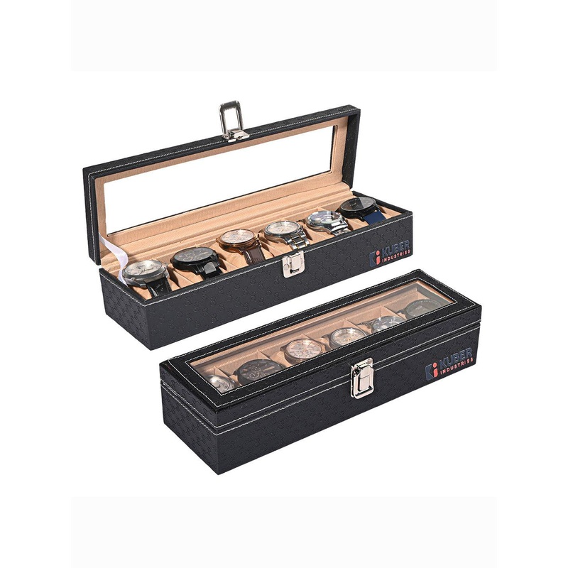 Kuber Industries Set Of 2 Black & Gold-Toned 6 Slots Watch Organiser Box