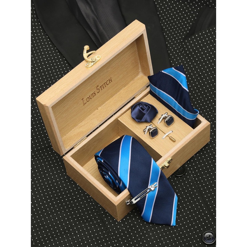 LOUIS STITCH Men Polka Dotted Blue Italian Silk Necktie Accessory Gift Set