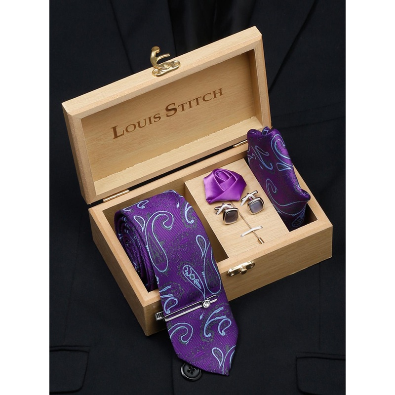 LOUIS STITCH Men Purple Italian Silk Necktie Accessory Gift Set